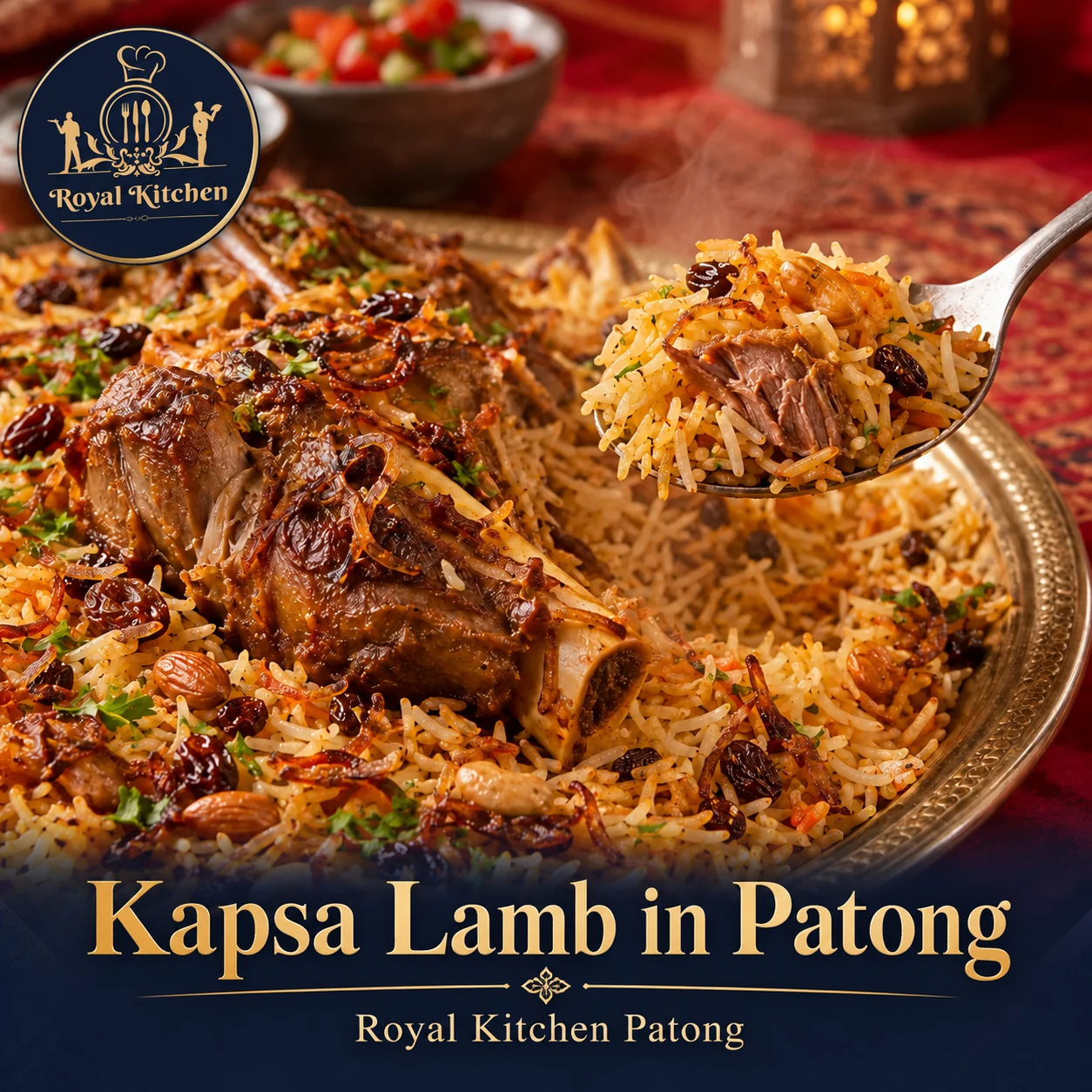 Close-up of Kapsa Lamb with seasoned rice