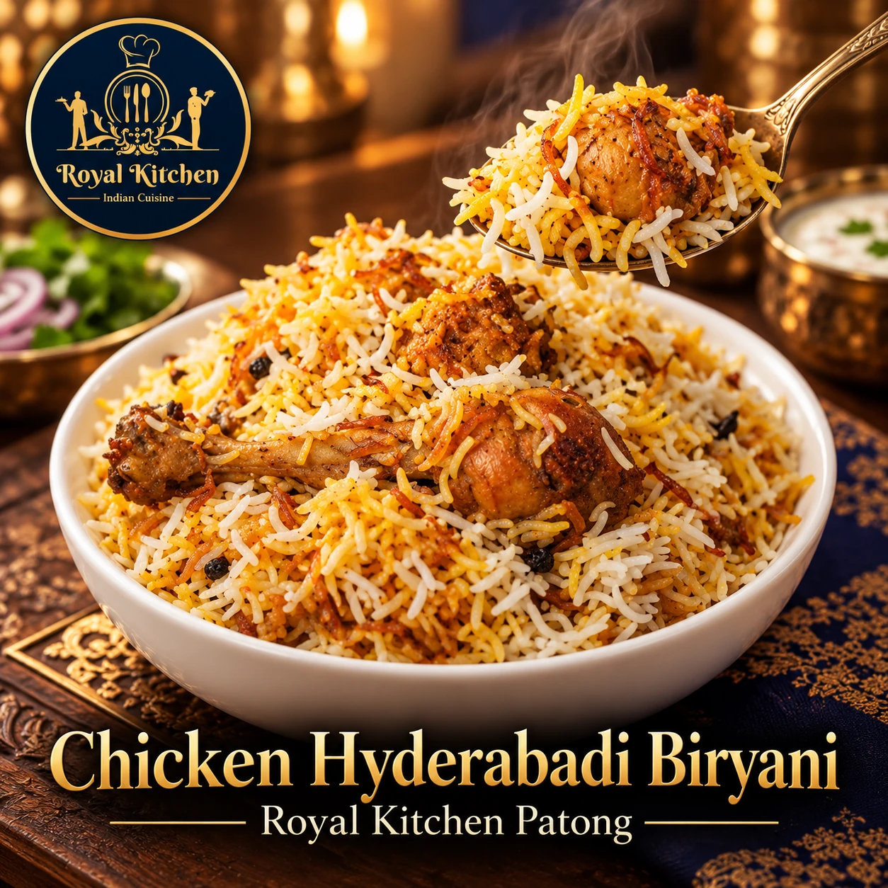 Serving Chicken Hyderabadi Biryani with rice and chicken