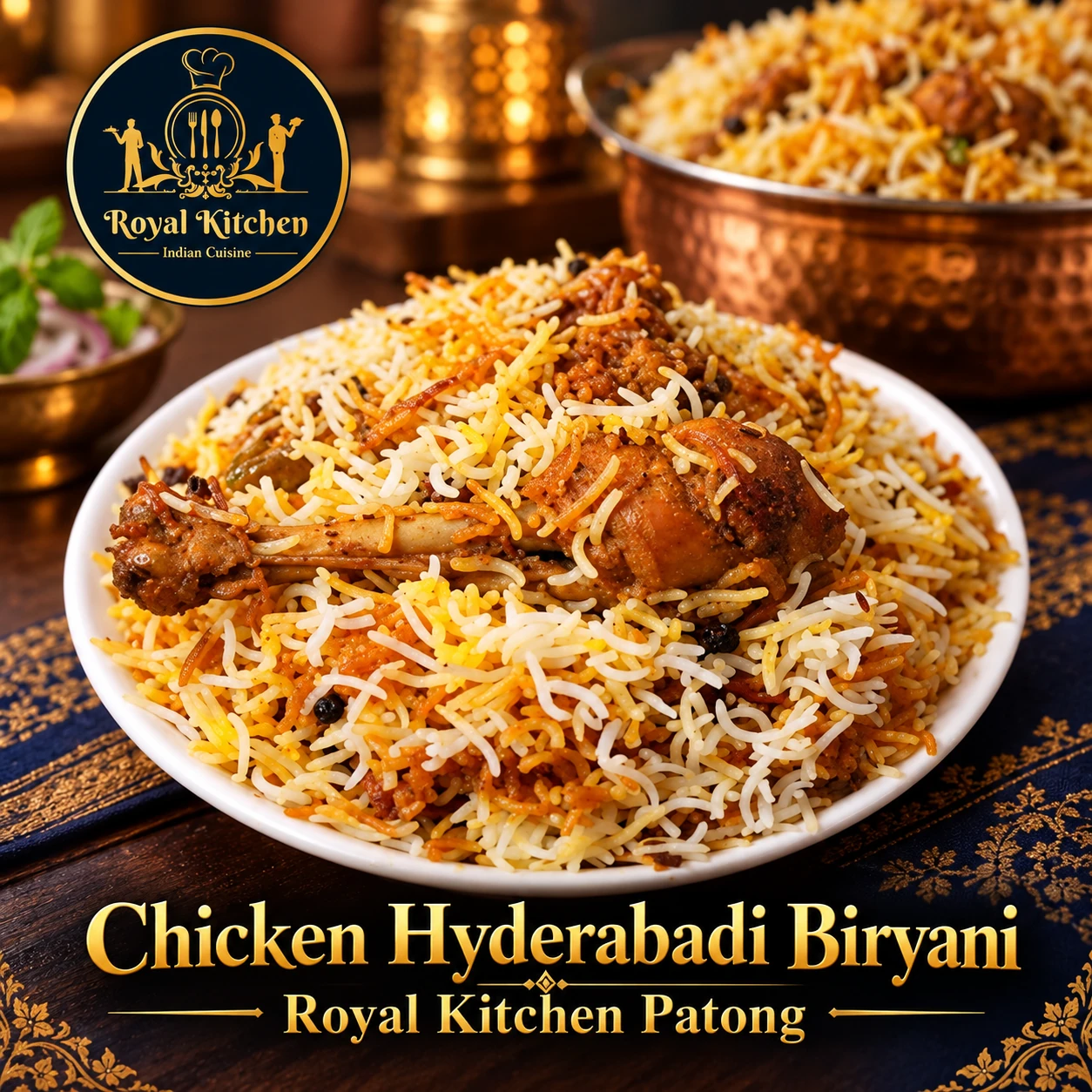 Chicken Hyderabadi Biryani with long grain rice and chicken