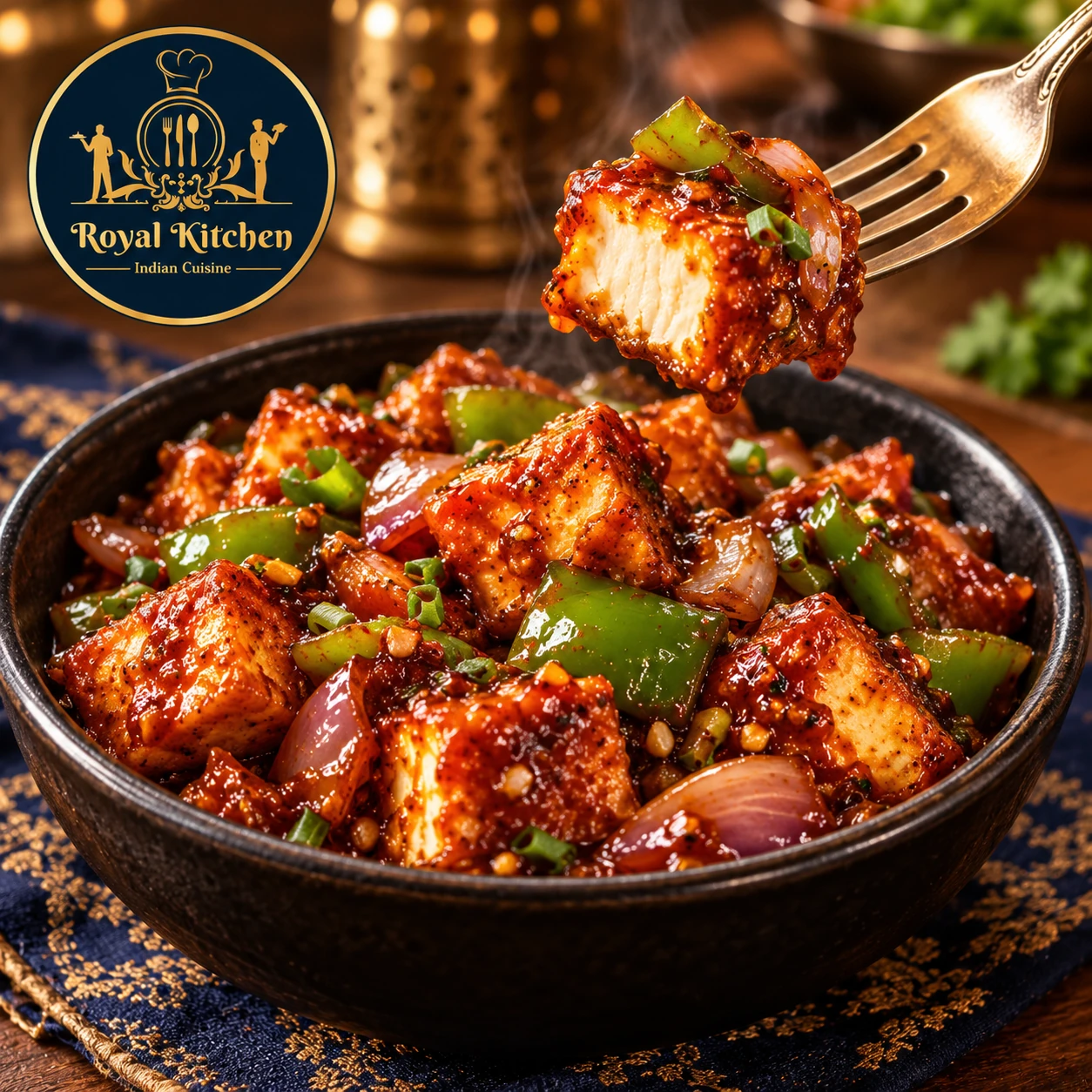 Chilli Paneer showing the white cheese inside a sauced cube