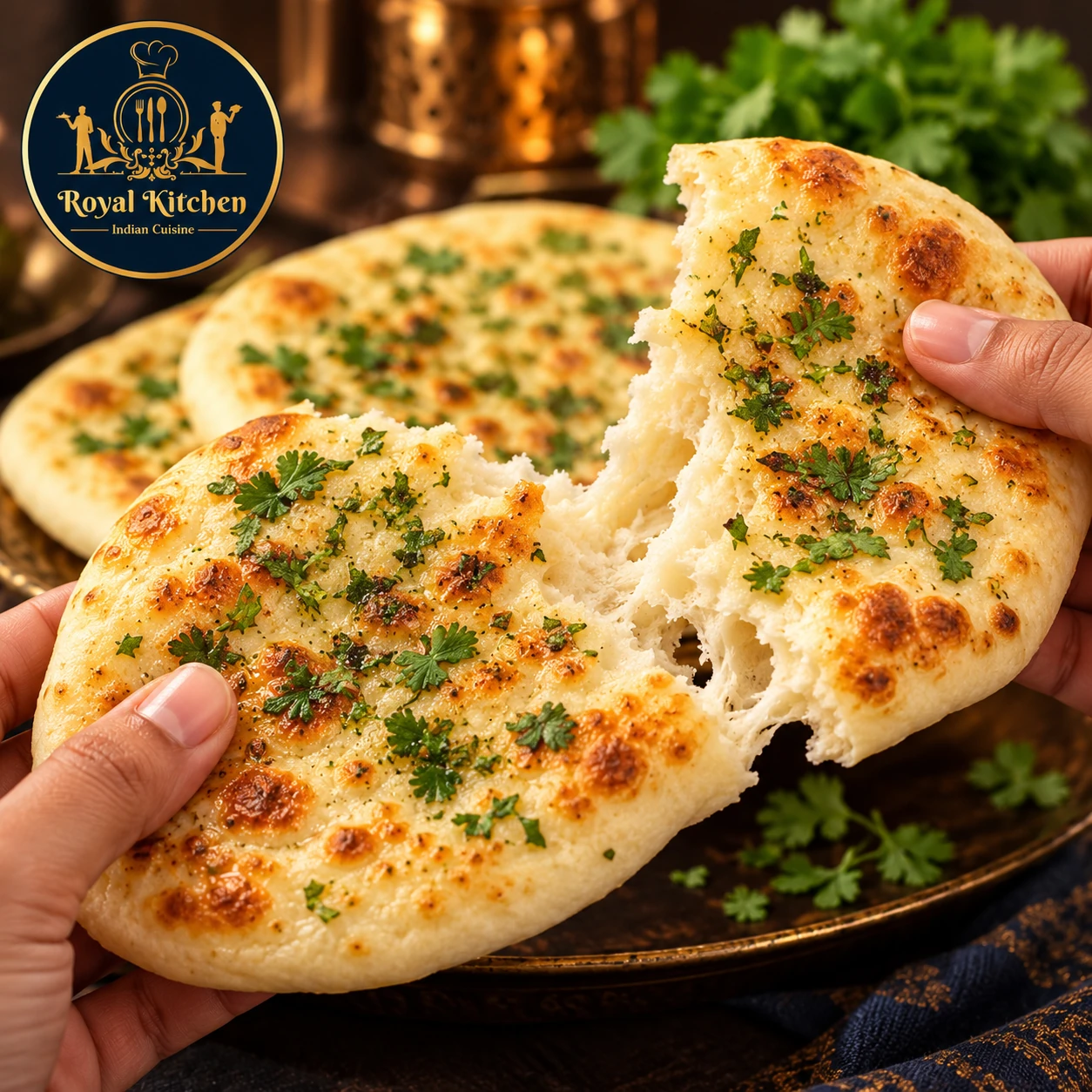Garlic naan being torn to show the soft bread inside