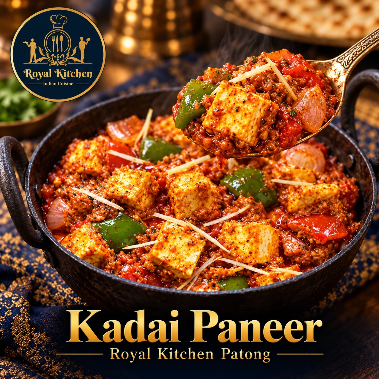 A spoon serving paneer peppers and masala from Kadai Paneer