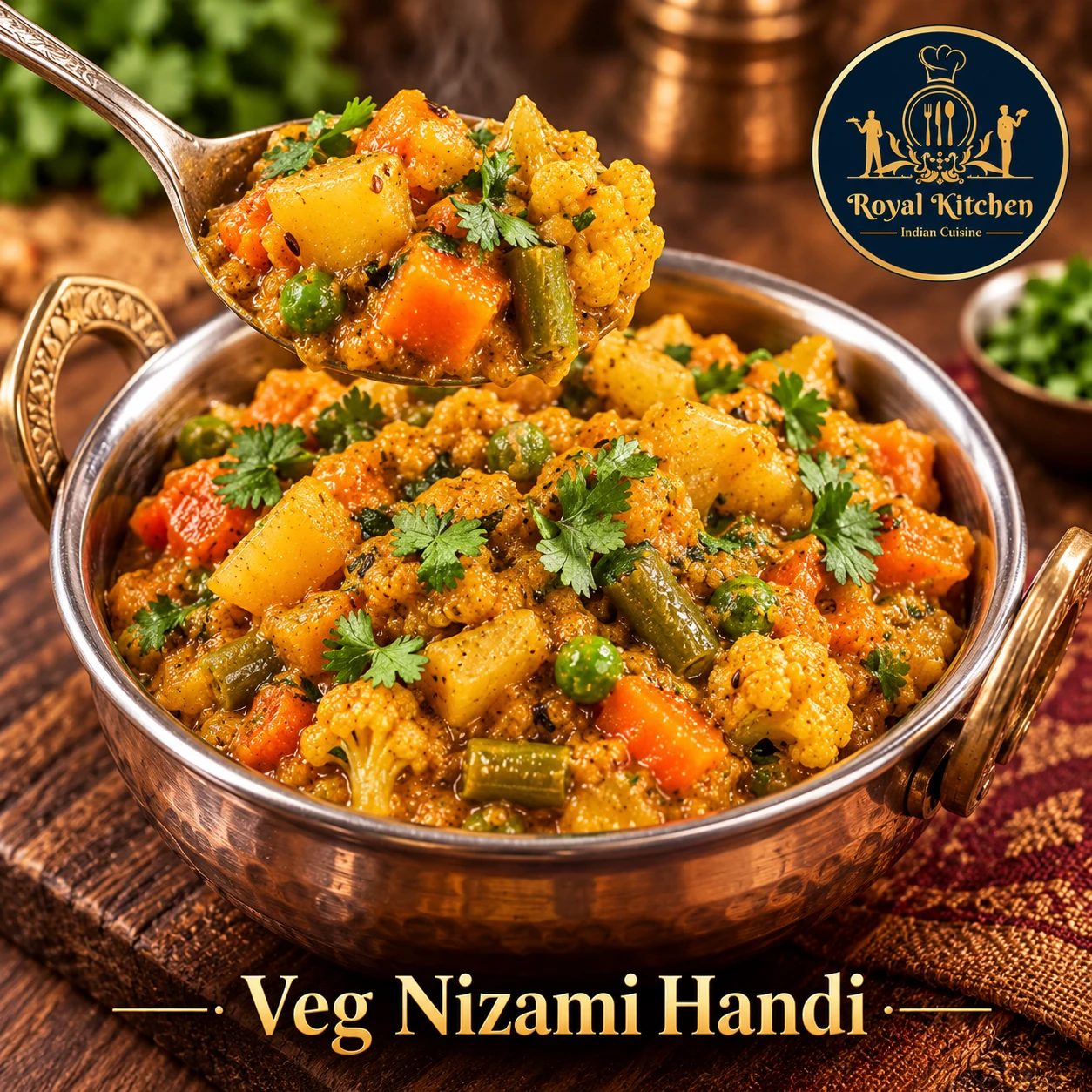 A spoon serving mixed vegetables from Veg Nizami Handi